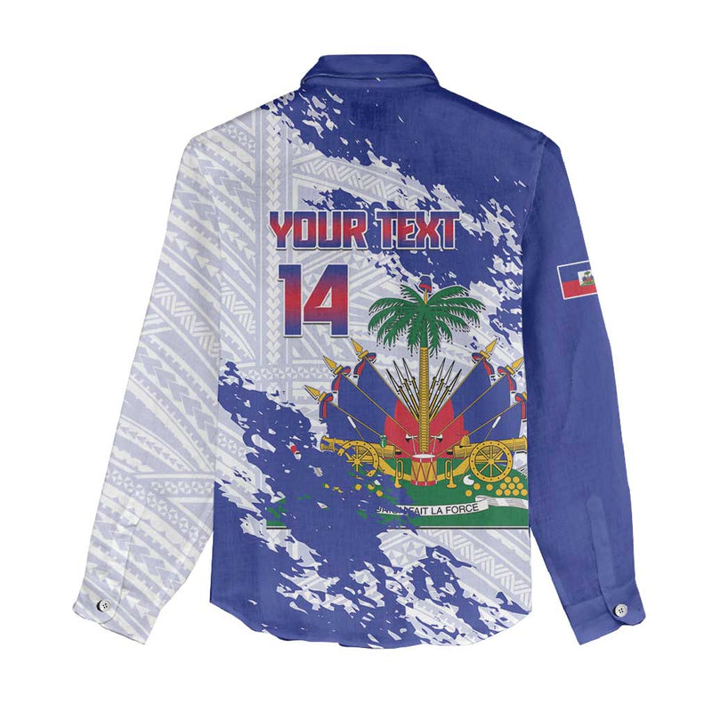 Custom Haiti Football Les Grenadiers Blue Grunge Polynesian Tattoo Women Casual Shirt