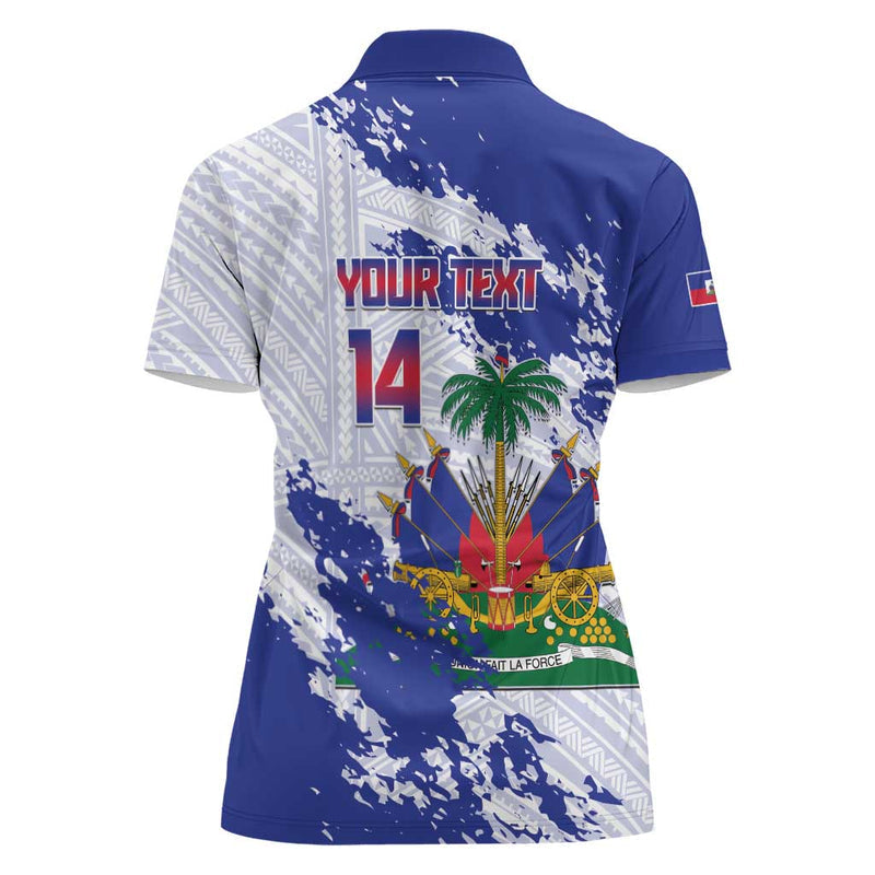 Custom Haiti Football Les Grenadiers Blue Grunge Polynesian Tattoo Women Polo Shirt