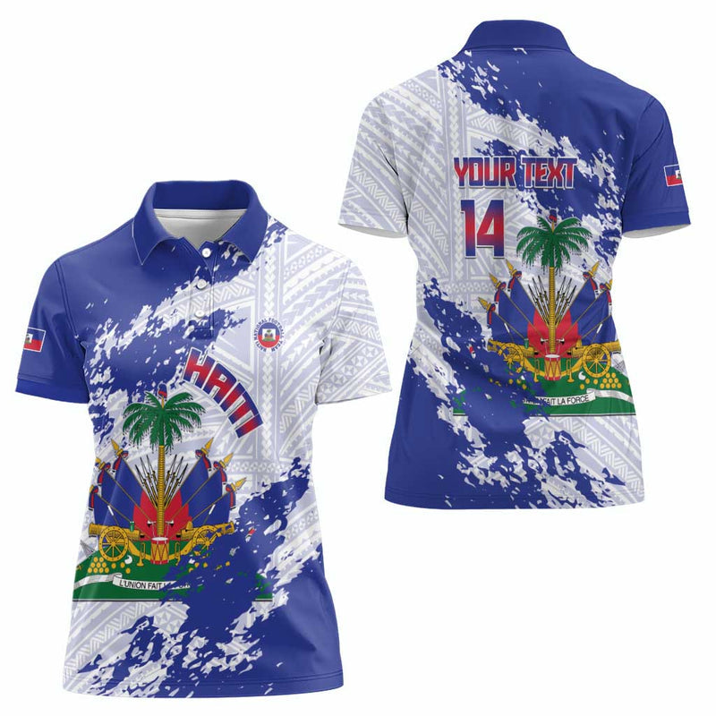 Custom Haiti Football Les Grenadiers Blue Grunge Polynesian Tattoo Women Polo Shirt