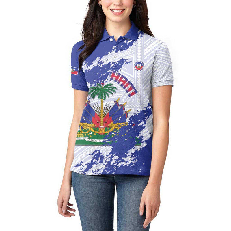 Custom Haiti Football Les Grenadiers Blue Grunge Polynesian Tattoo Women Polo Shirt