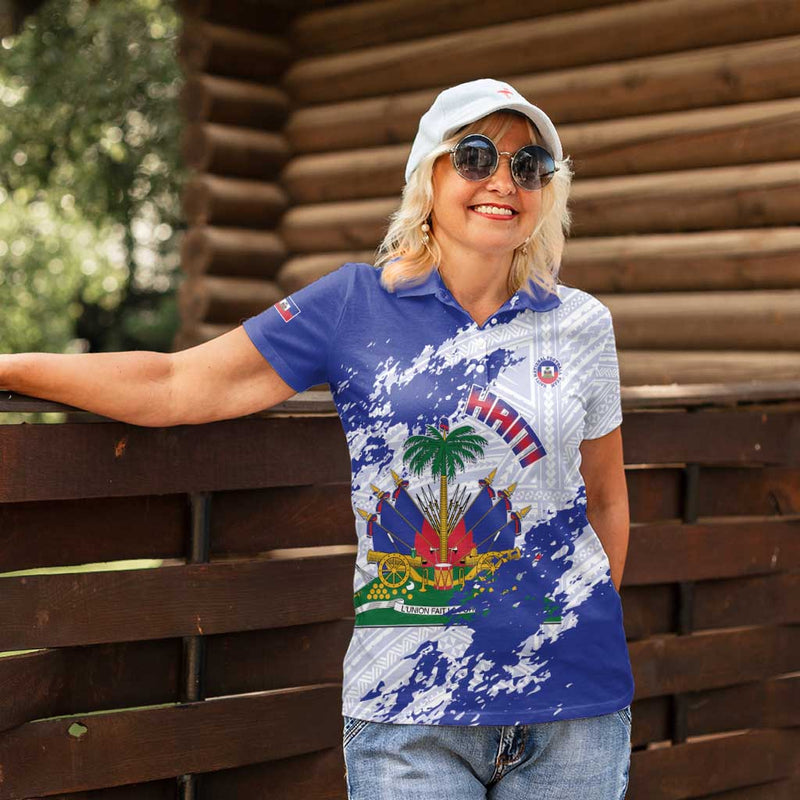 Custom Haiti Football Les Grenadiers Blue Grunge Polynesian Tattoo Women Polo Shirt