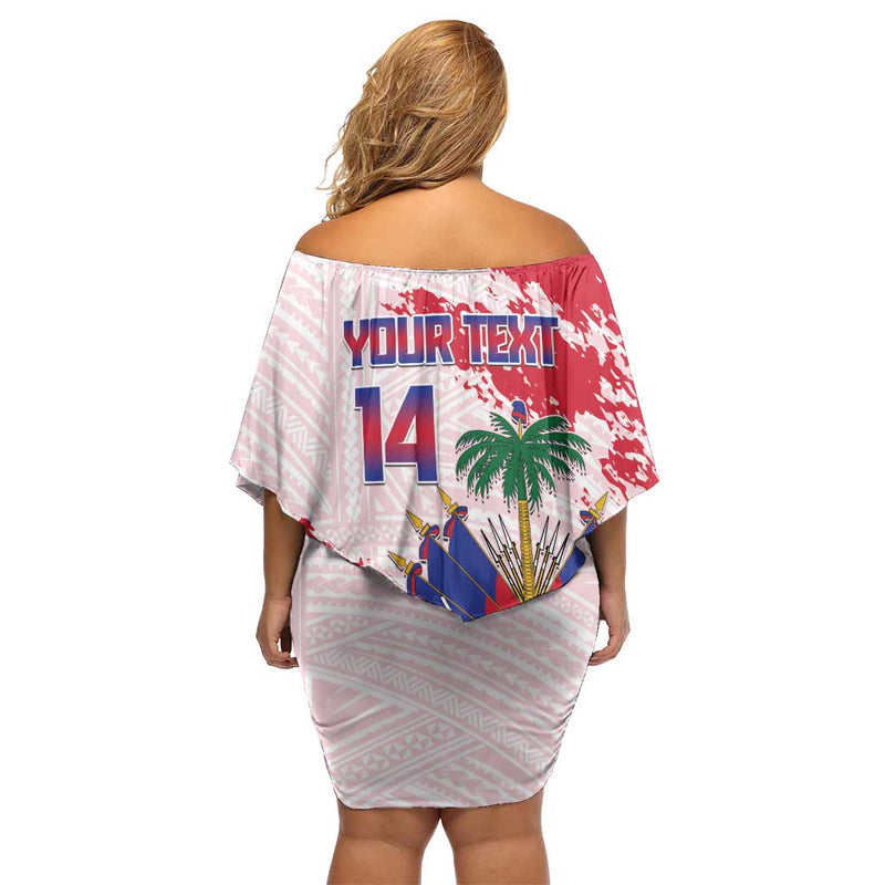 Custom Haiti Football Les Grenadiers Red Grunge Polynesian Tattoo Off Shoulder Short Dress