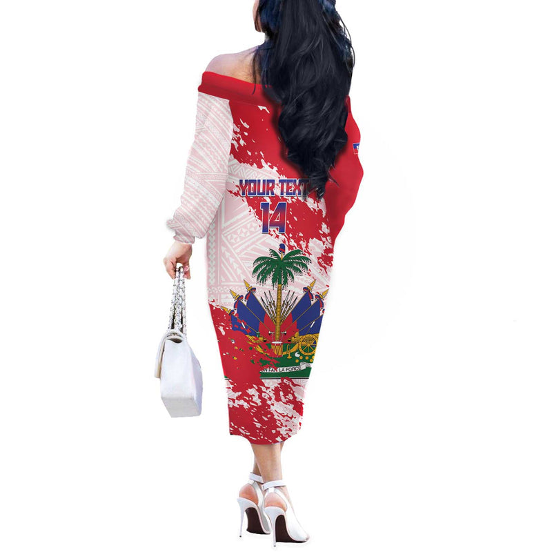 Custom Haiti Football Les Grenadiers Red Grunge Polynesian Tattoo Off The Shoulder Long Sleeve Dress