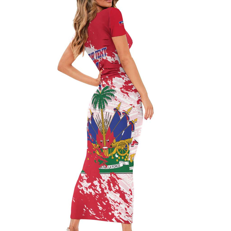 Custom Haiti Football Les Grenadiers Red Grunge Polynesian Tattoo Short Sleeve Bodycon Dress