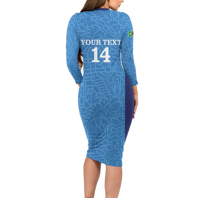 Custom Brazil Football Vamos Selecao - Blue Long Sleeve Bodycon Dress