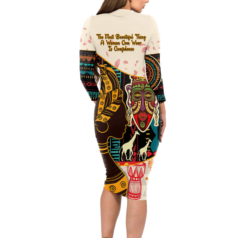 Africa International Women Day African Pattern Long Sleeve Bodycon Dress