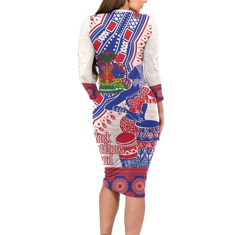 Afro-haitians Proud Haiti Coat Of Arms Dashiki Long Sleeve Bodycon Dress
