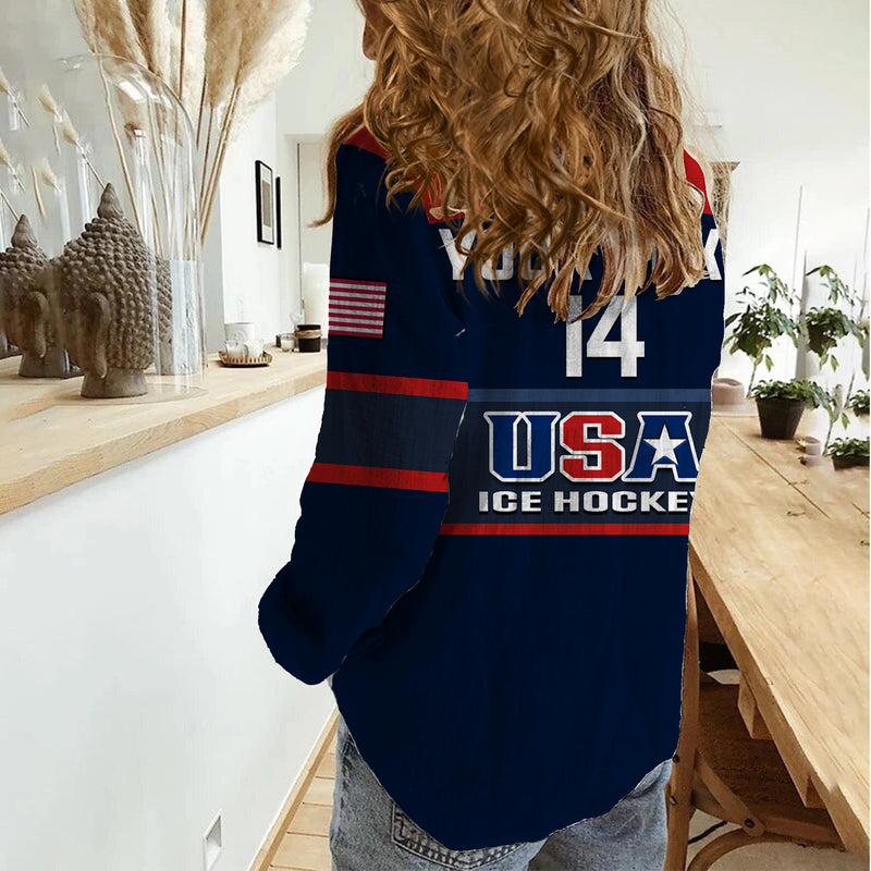 (Custom Text And Number) United States Hockey 2023 USA Sporty Style Women Casual Shirt