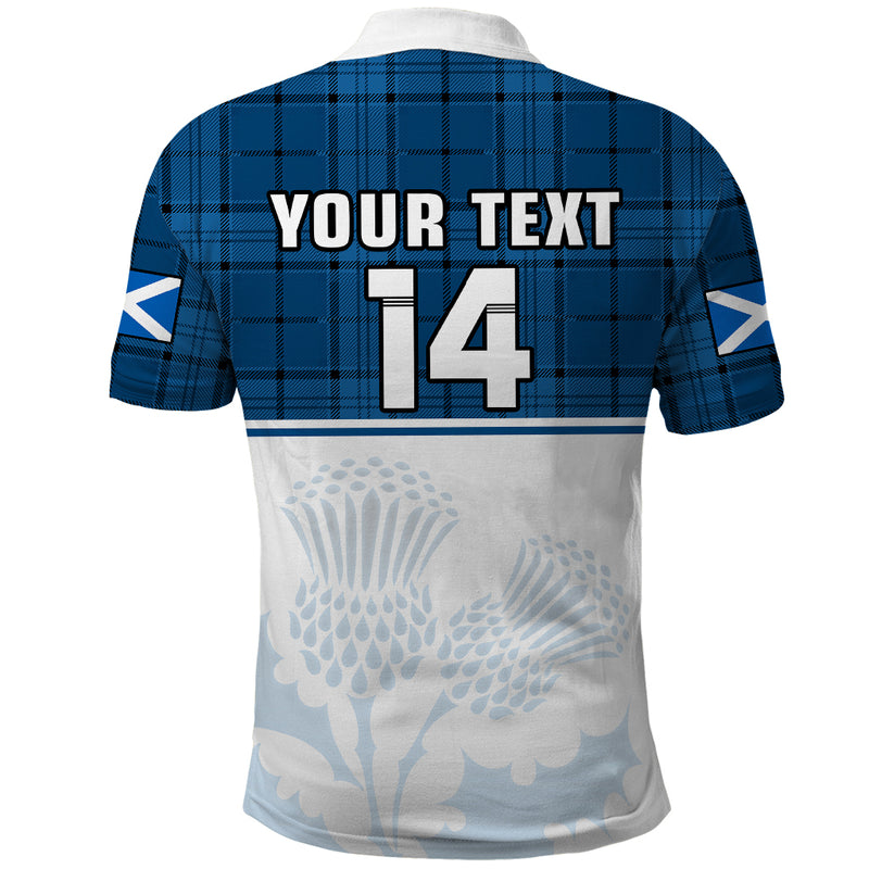 (Custom Text And Number) Scotland Rugby Thistle Mix Tartan Scottish Map Sporty Version Blue Polo Shirt
