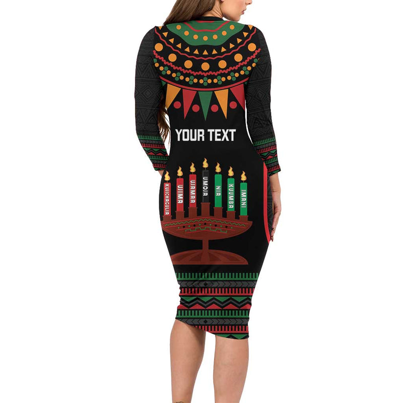 African-american Kwanzaa Kinara Candles African Pattern Long Sleeve Bodycon Dress