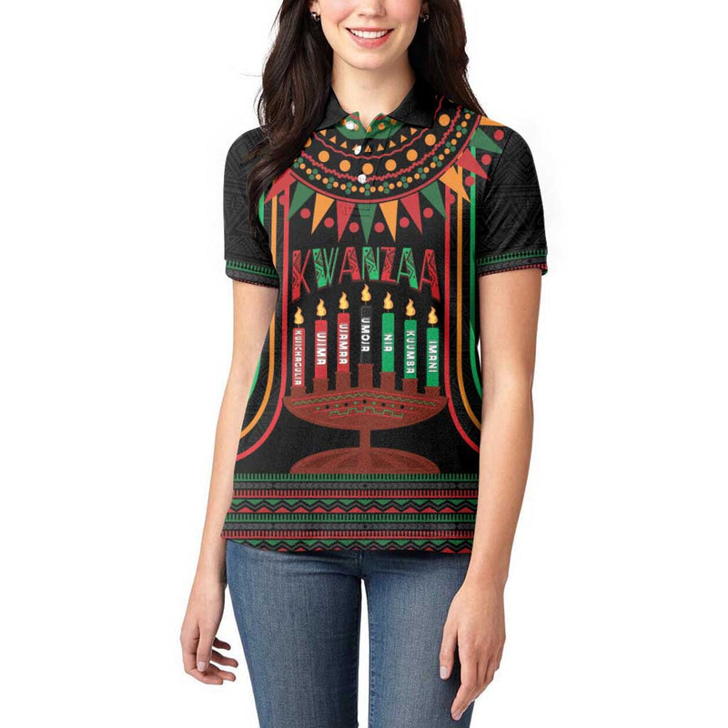 African-American Kwanzaa Kinara Candles African Pattern Women Polo Shirt