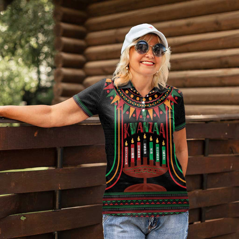 African-American Kwanzaa Kinara Candles African Pattern Women Polo Shirt