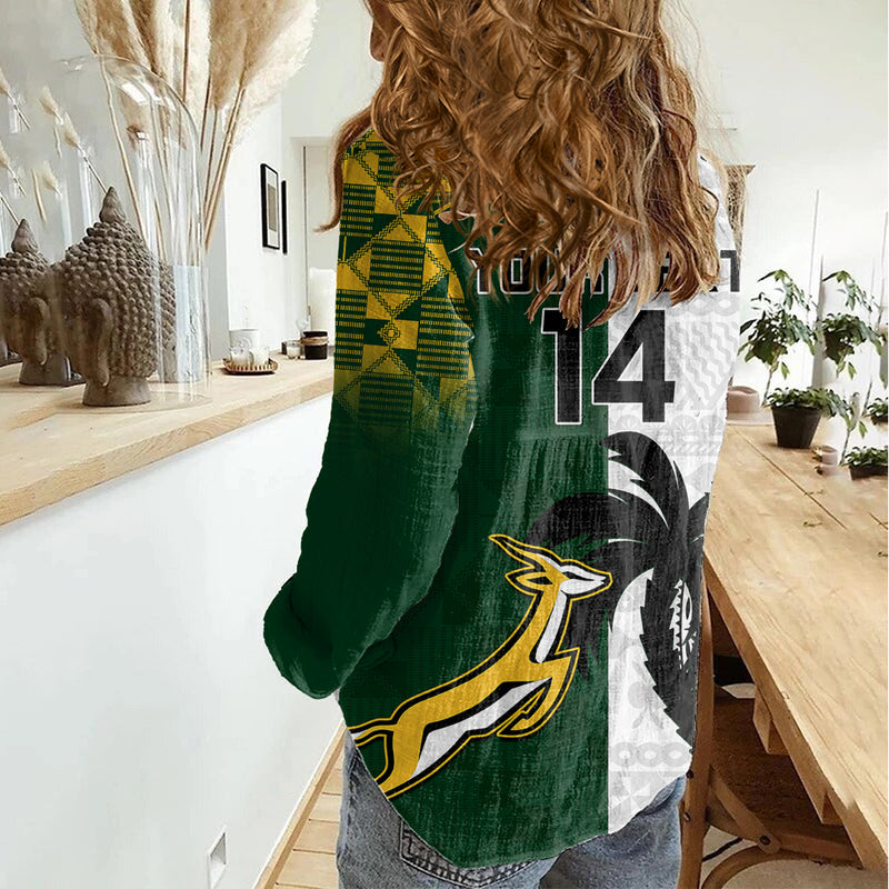 Custom South Africa And Fiji Rugby 2023 World Cup Fijian Tapa With Kente Pattern Women Casual Shirt