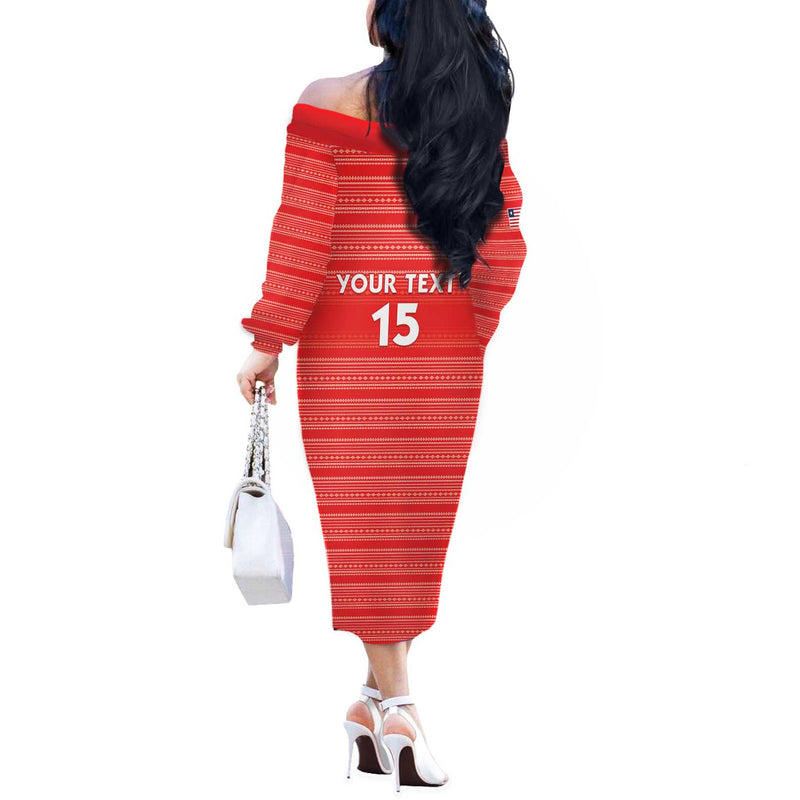 Custom Liberia Football Women Red Jersey Off The Shoulder Long Sleeve Dress