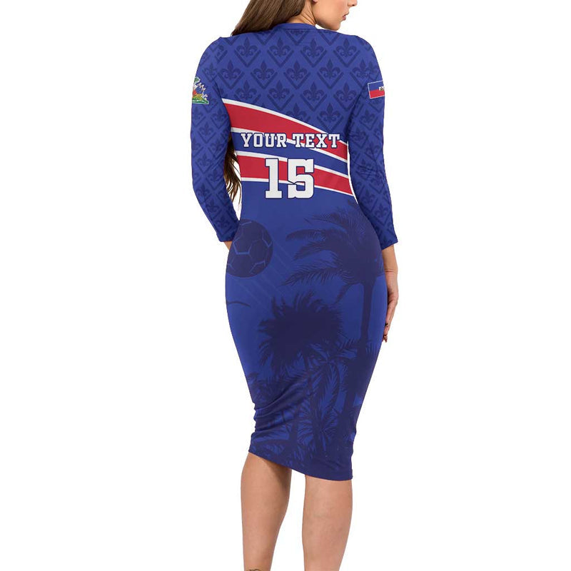 Custom Haiti Football Les Grenadiers - Royal Palm Long Sleeve Bodycon Dress