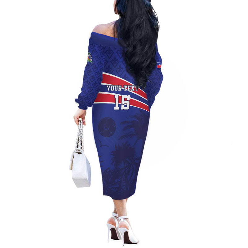 Custom Haiti Football Les Grenadiers - Royal Palm Off The Shoulder Long Sleeve Dress