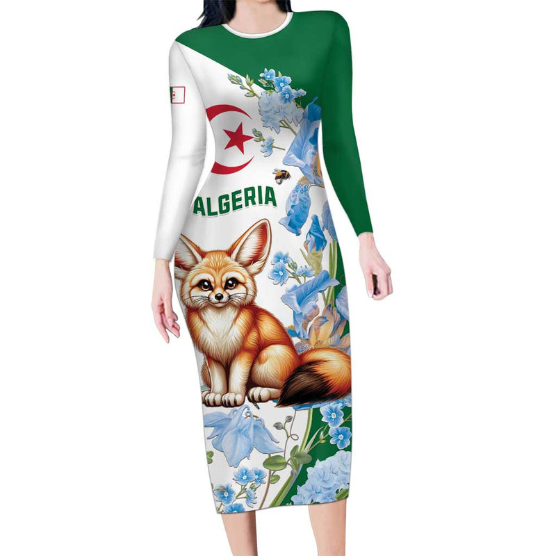 Algeria Fennec Fox Blue Isris Flower Long Sleeve Bodycon Dress