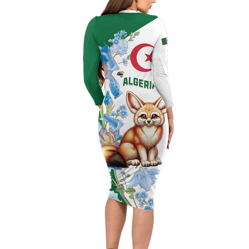 Algeria Fennec Fox Blue Isris Flower Long Sleeve Bodycon Dress