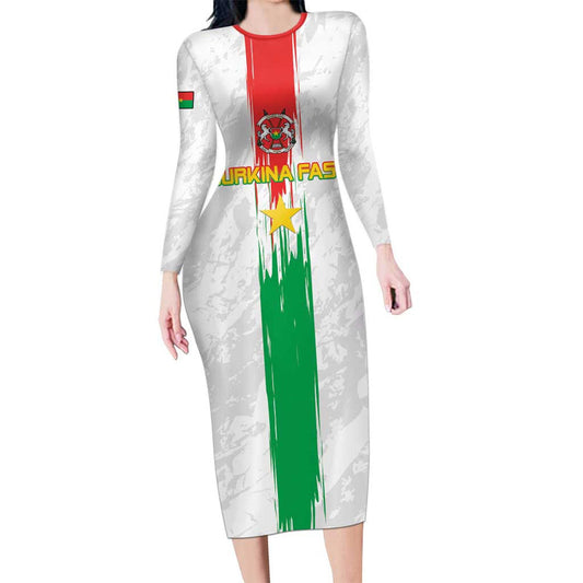 Custom Burkina Faso Football Grunge Style Long Sleeve Bodycon Dress