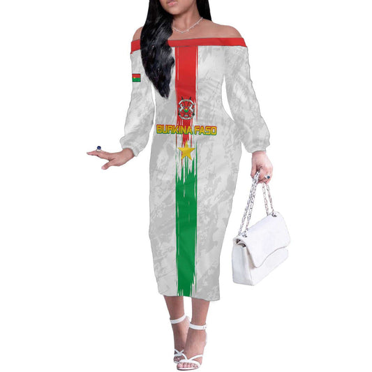 Custom Burkina Faso Football Grunge Style Off The Shoulder Long Sleeve Dress