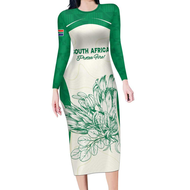Custom South Africa Cricket Protea Fire Long Sleeve Bodycon Dress