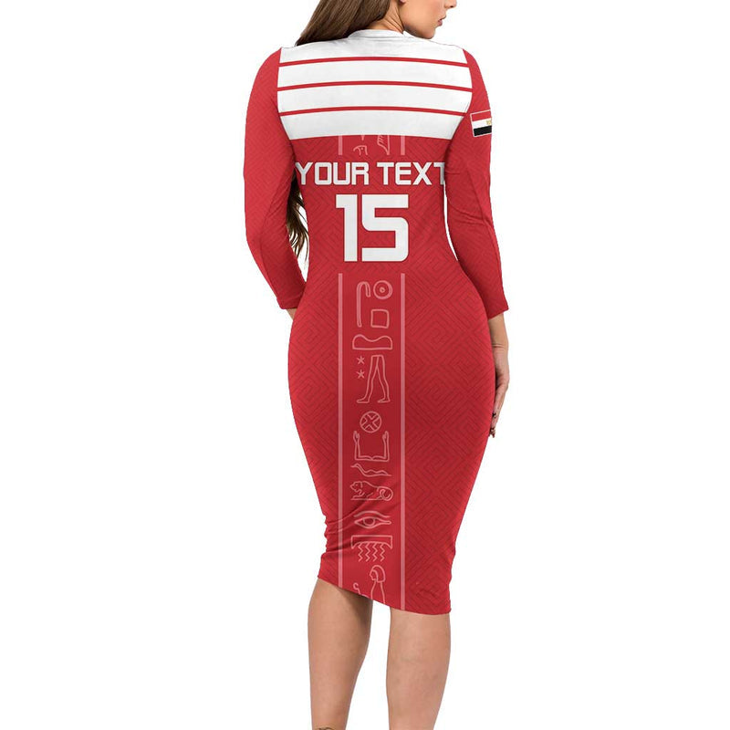 Custom Egypt Football Yalla Yalla Pharaohs - Red Ver Long Sleeve Bodycon Dress