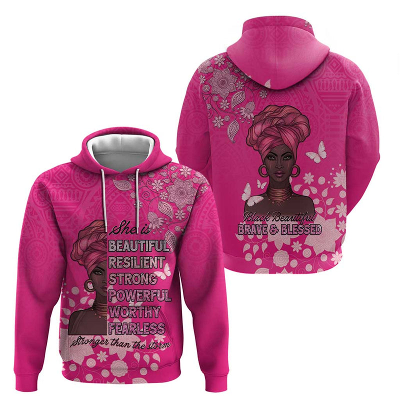 African Women Black Beautiful Brave and Bressed - Pink Color Hoodie