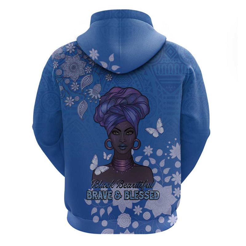 African Women Black Beautiful Brave and Bressed - Blue Color Hoodie