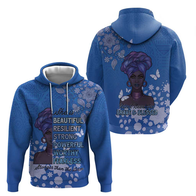 African Women Black Beautiful Brave and Bressed - Blue Color Hoodie