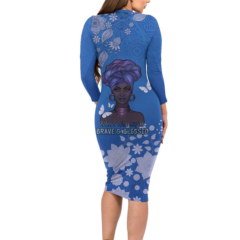African Women Black Beautiful Brave And Bressed - Blue Color Long Sleeve Bodycon Dress