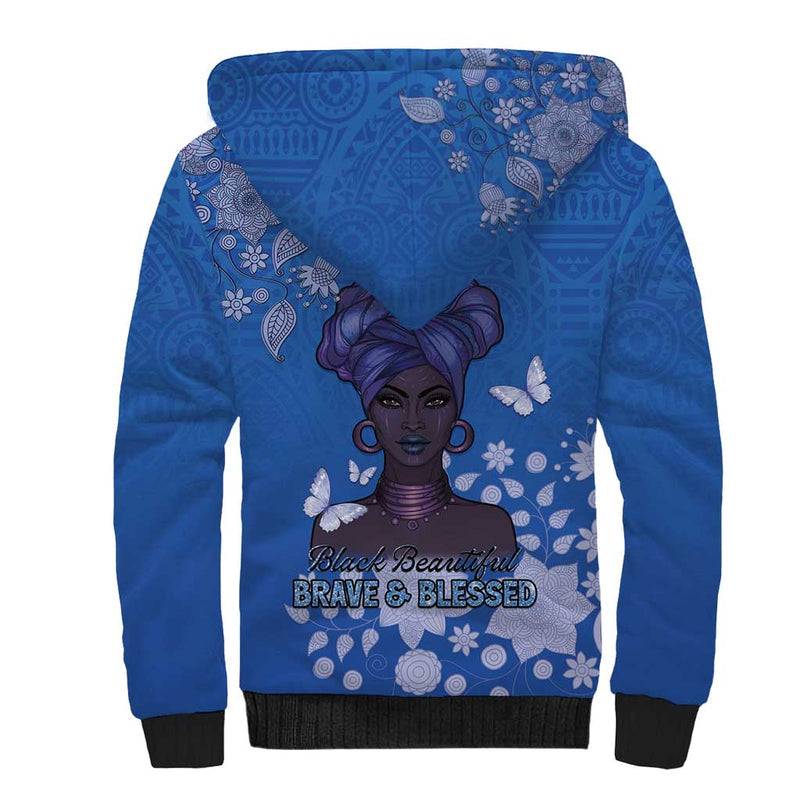 African Women Black Beautiful Brave and Bressed - Blue Color Sherpa Hoodie
