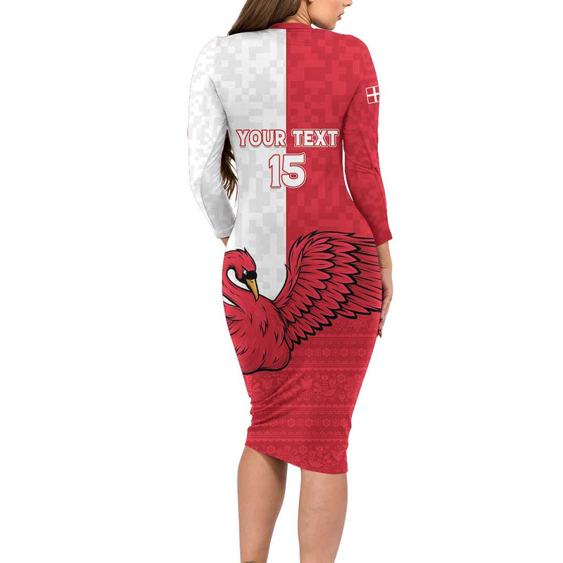 Custom Denmark Football Red And Whites Scandinavia Pattern Long Sleeve Bodycon Dress