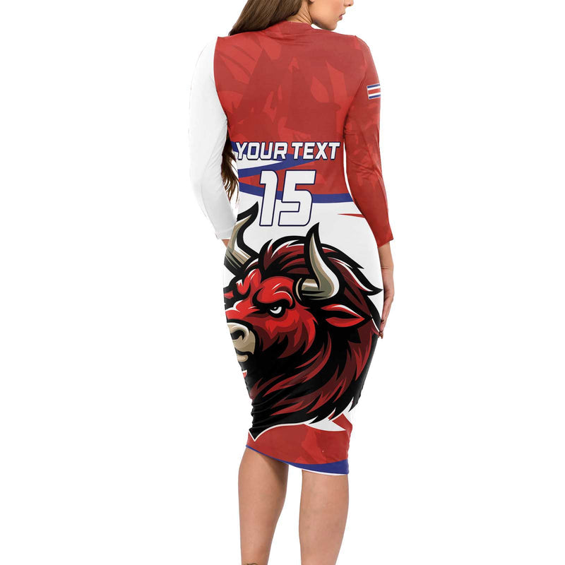 Custom Costa Rica Football Los Ticos With Bull Mascot Long Sleeve Bodycon Dress