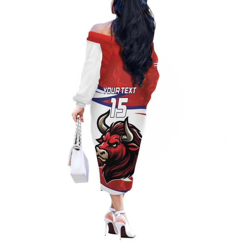 Custom Costa Rica Football Los Ticos With Bull Mascot Off The Shoulder Long Sleeve Dress