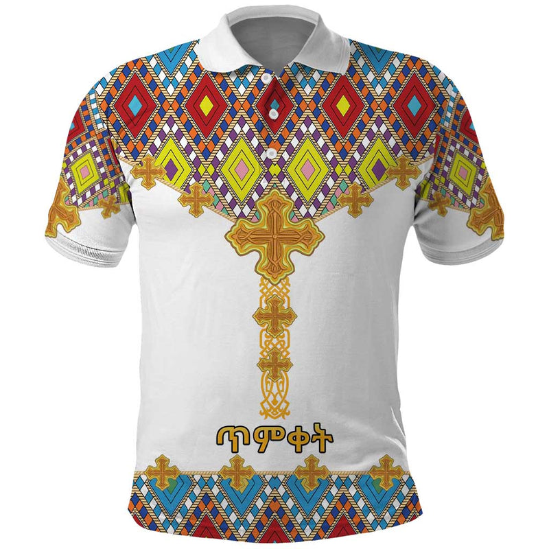 Ethiopian Epiphany Cross Mix Tilet Pattern Polo Shirt