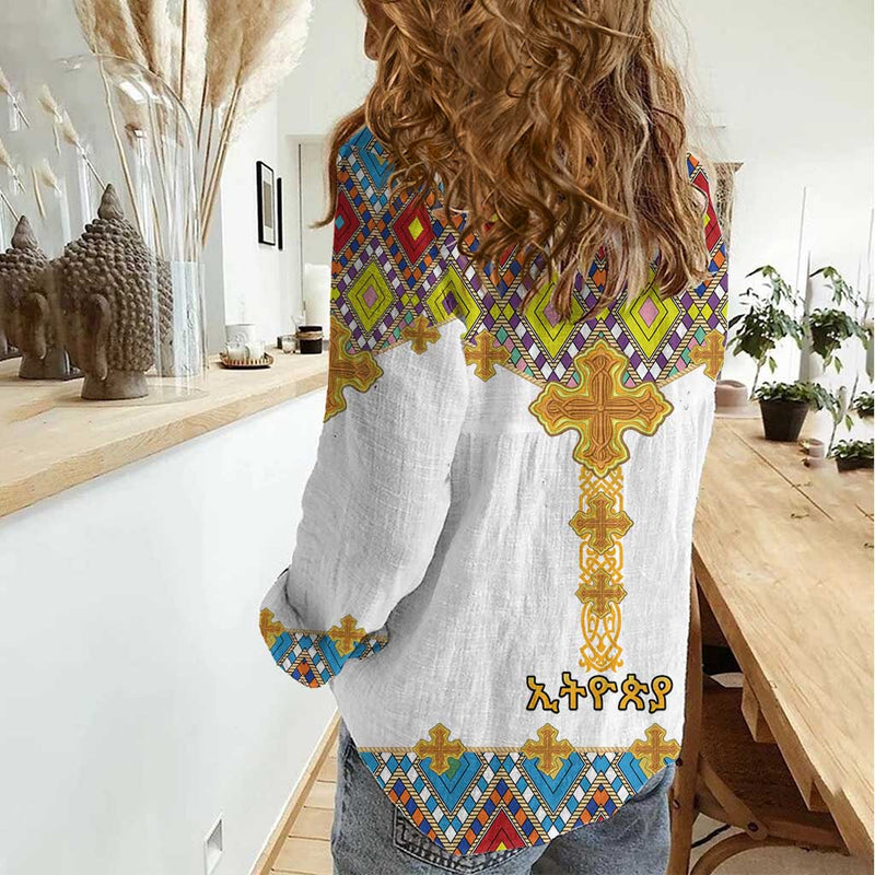 Ethiopian Epiphany Cross Mix Tilet Pattern Women Casual Shirt
