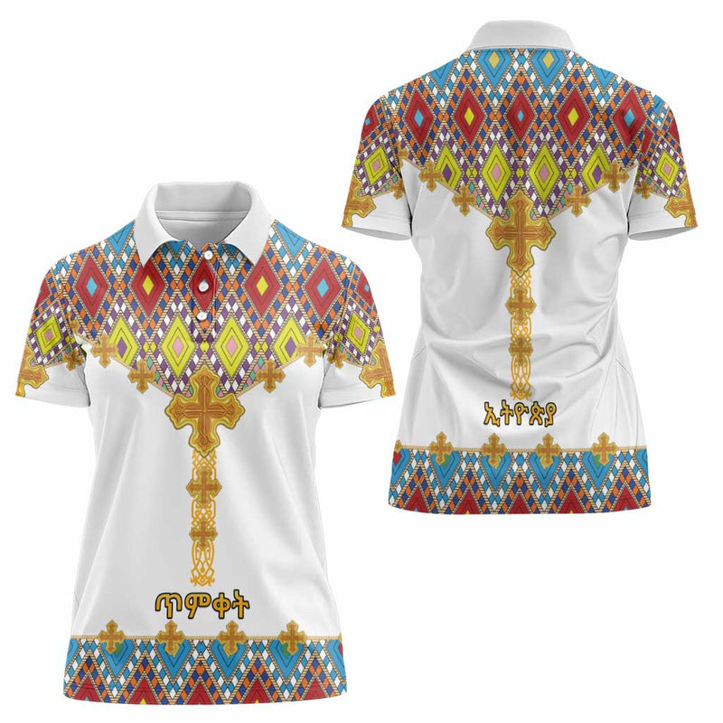 Ethiopian Epiphany Cross Mix Tilet Pattern Women Polo Shirt