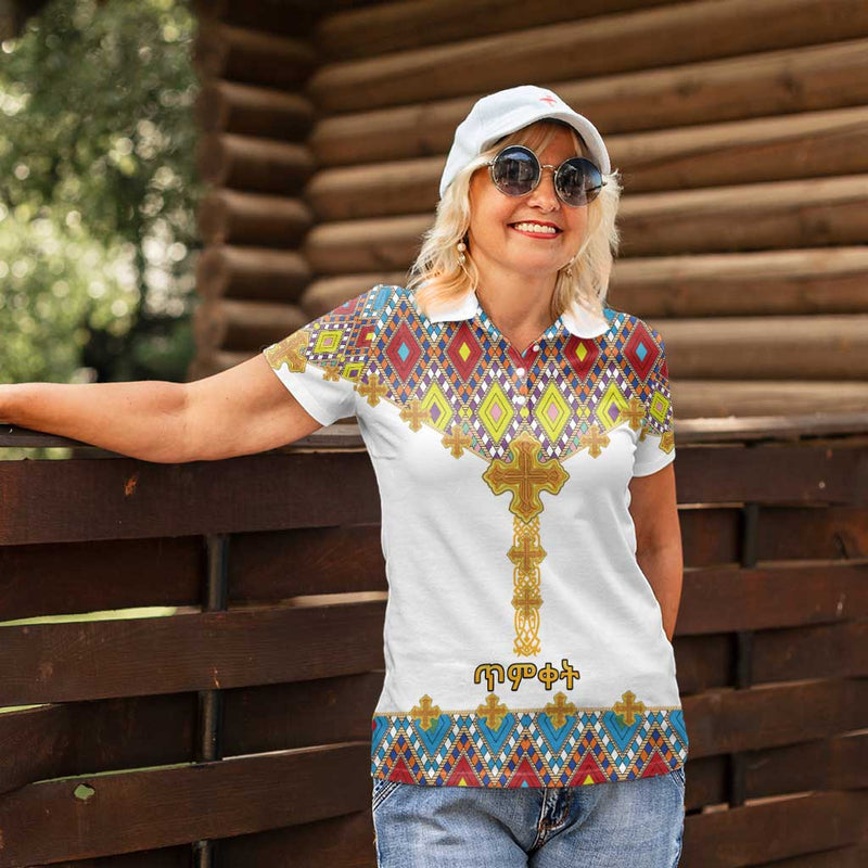 Ethiopian Epiphany Cross Mix Tilet Pattern Women Polo Shirt