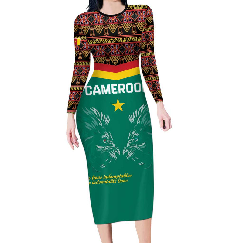 Custom Cameroon Football Go Champions - Toghu Pattern Long Sleeve Bodycon Dress