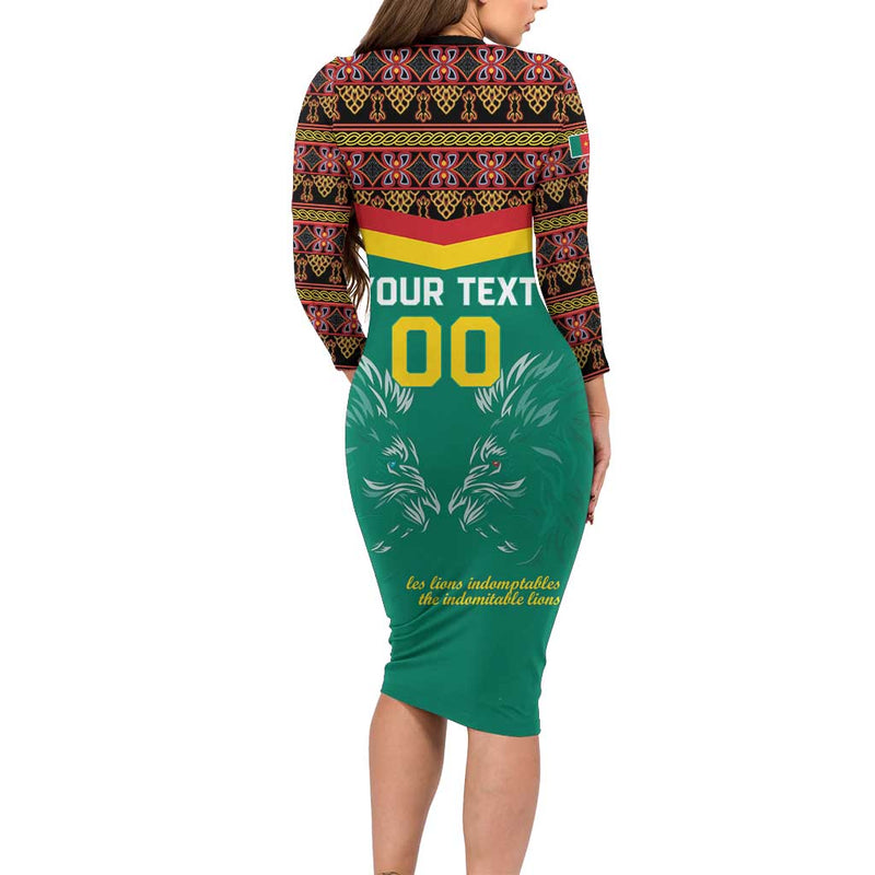 Custom Cameroon Football Go Champions - Toghu Pattern Long Sleeve Bodycon Dress