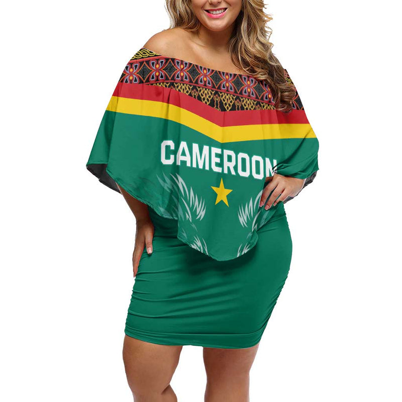 Custom Cameroon Football Go Champions - Toghu Pattern Off Shoulder Short Dress