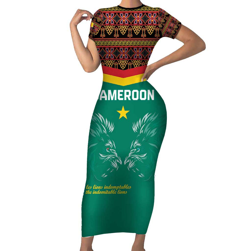 Custom Cameroon Football Go Champions - Toghu Pattern Short Sleeve Bodycon Dress