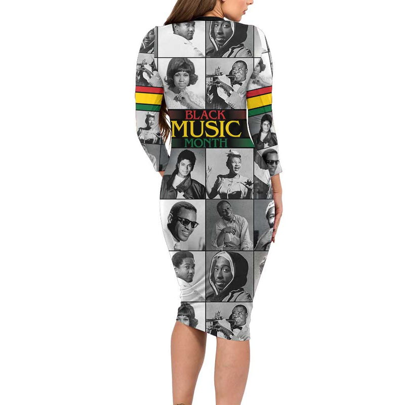 African-american Black Music Month Legends Tribute Long Sleeve Bodycon Dress