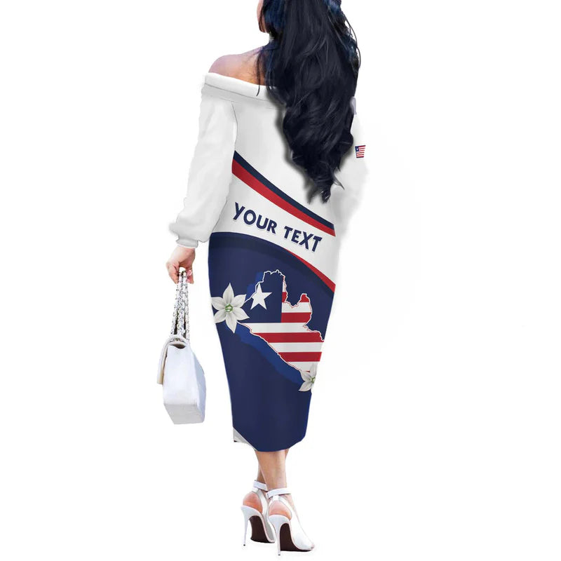Custom Liberia Independence Day Coat Of Arms Pepper Flowers Off Shoulder Long Sleeve Dress