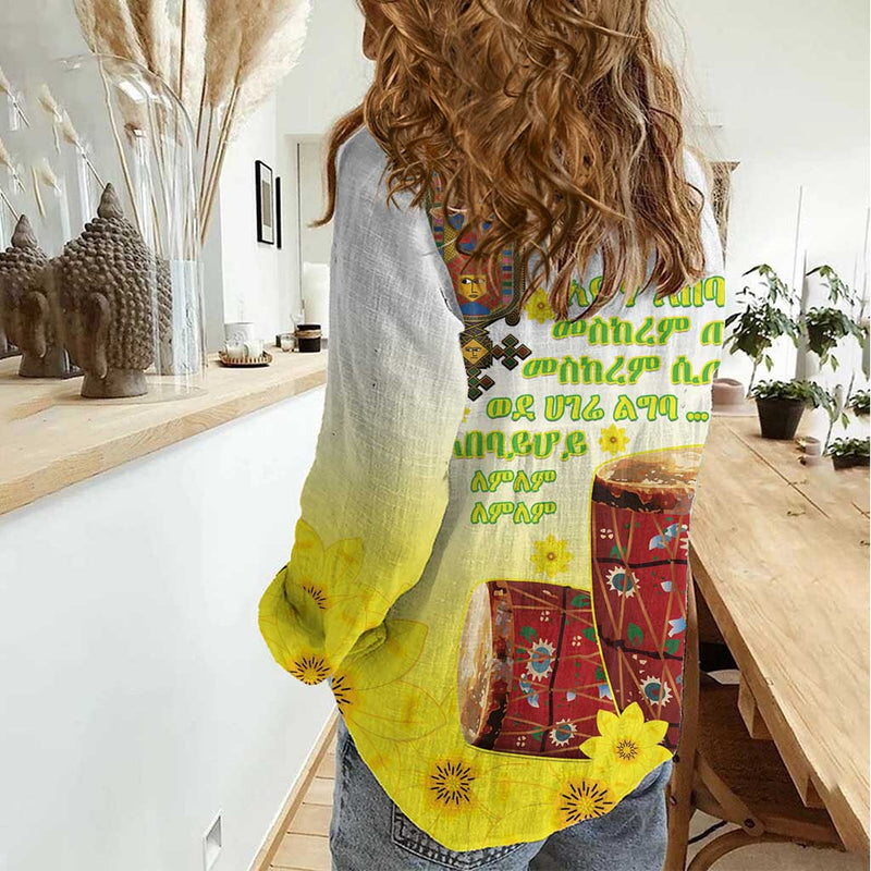 Ethiopian Enkutatash Kebero Drum With Adey Abeba Flower Women Casual Shirt