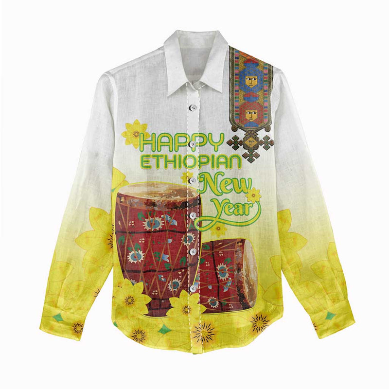 Ethiopian Enkutatash Kebero Drum With Adey Abeba Flower Women Casual Shirt