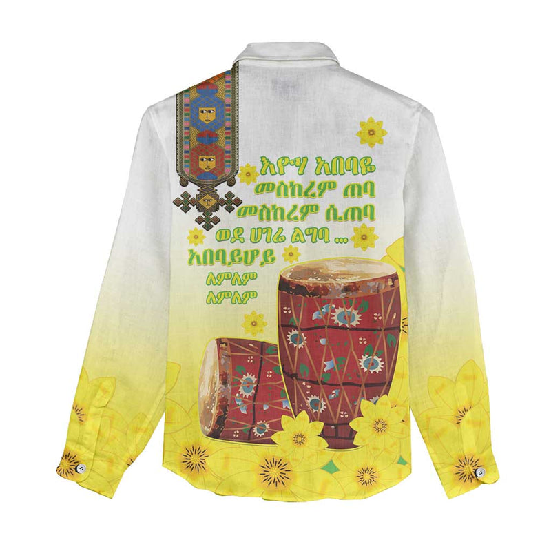 Ethiopian Enkutatash Kebero Drum With Adey Abeba Flower Women Casual Shirt