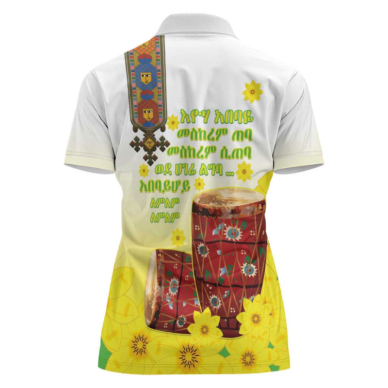 Ethiopian Enkutatash Kebero Drum With Adey Abeba Flower Women Polo Shirt