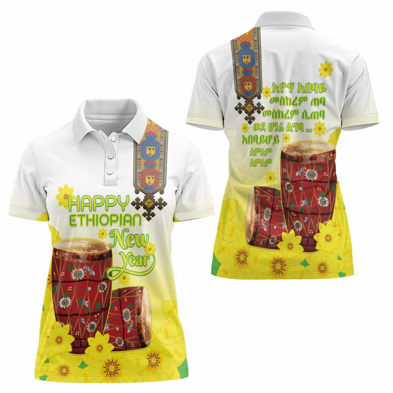 Ethiopian Enkutatash Kebero Drum With Adey Abeba Flower Women Polo Shirt