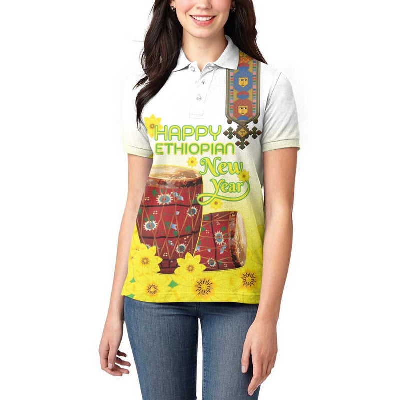 Ethiopian Enkutatash Kebero Drum With Adey Abeba Flower Women Polo Shirt